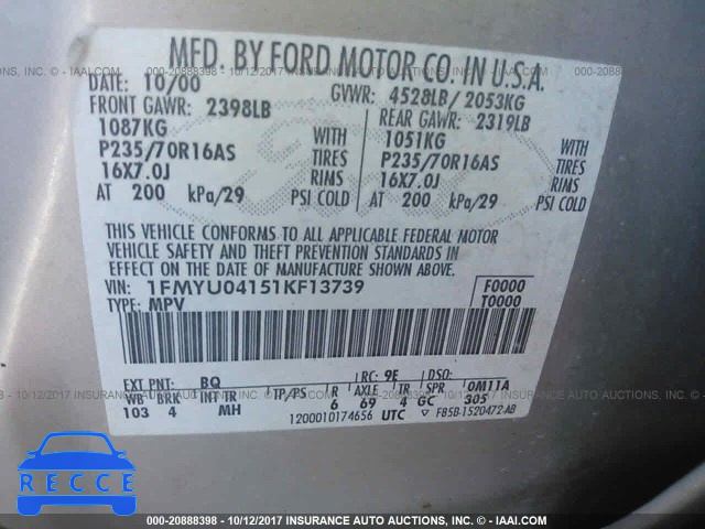 2001 FORD ESCAPE XLT 1FMYU04151KF13739 image 8