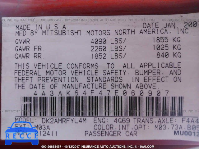 2007 Mitsubishi Eclipse ES 4A3AK64F47E060907 Bild 8