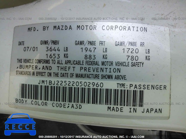 2002 Mazda Protege DX/LX/ES JM1BJ225220502960 зображення 8