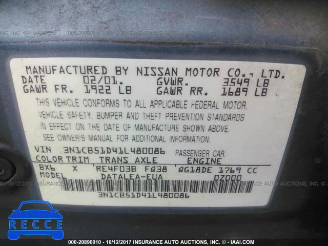 2001 Nissan Sentra XE/GXE 3N1CB51D41L480086 image 8