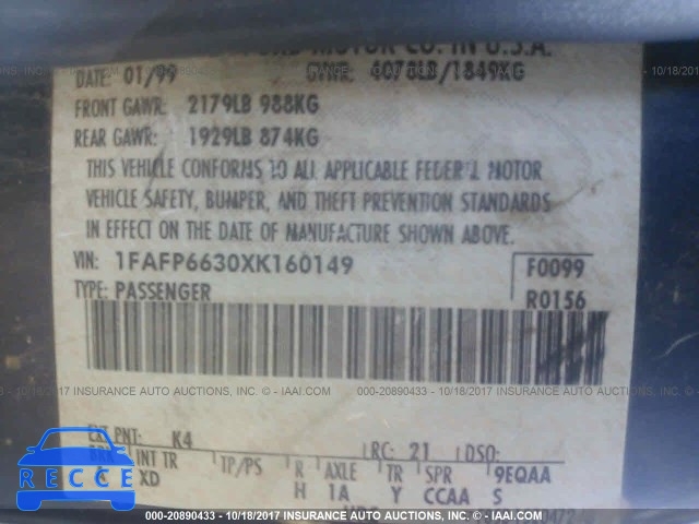 1999 Ford Contour SE 1FAFP6630XK160149 зображення 8