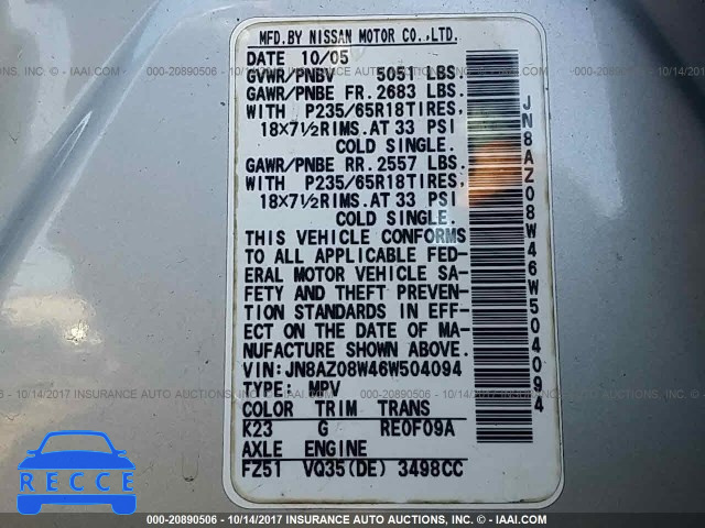2006 Nissan Murano JN8AZ08W46W504094 Bild 8