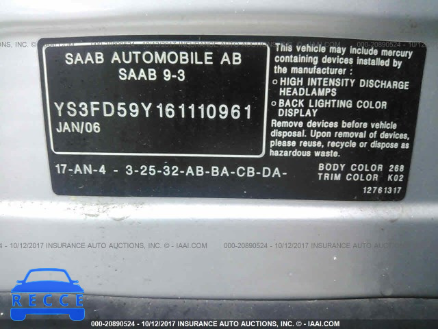 2006 Saab 9-3 YS3FD59Y161110961 зображення 8