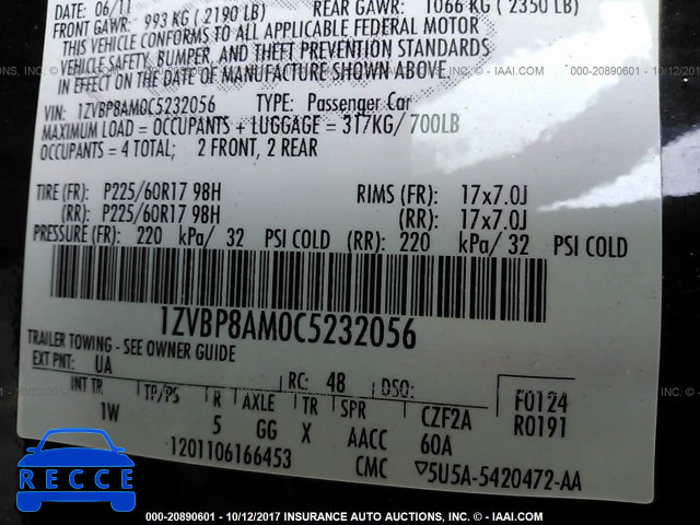 2012 Ford Mustang 1ZVBP8AM0C5232056 image 8