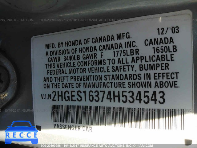 2004 Honda Civic 2HGES16374H534543 image 8