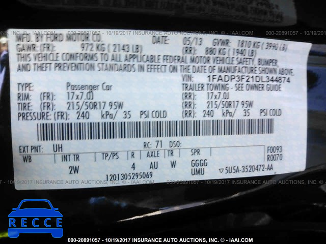 2013 FORD FOCUS 1FADP3F21DL344874 image 8