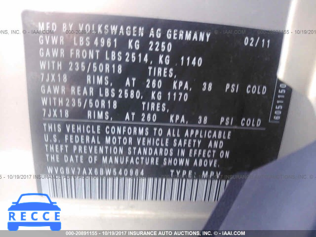 2011 Volkswagen Tiguan S/SE/SEL WVGBV7AX6BW540964 image 8