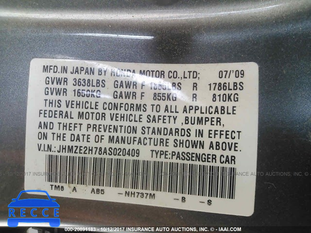 2010 Honda Insight JHMZE2H78AS020409 image 8