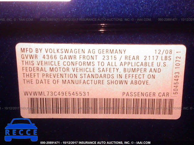 2009 Volkswagen CC SPORT WVWML73C49E545531 зображення 8