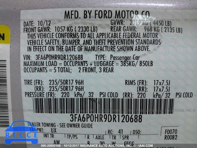 2013 Ford Fusion 3FA6P0HR9DR120688 зображення 8