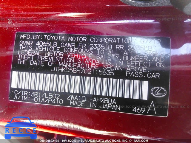 2012 Lexus CT JTHKD5BH7C2115635 зображення 8