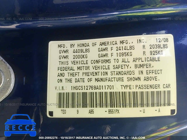 2009 Honda Accord 1HGCS12769A011701 image 8