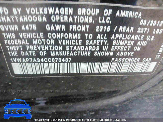 2012 Volkswagen Passat S 1VWAP7A34CC073437 зображення 8