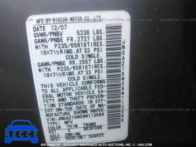 2009 Nissan Murano JN8AZ18W09W113566 зображення 8