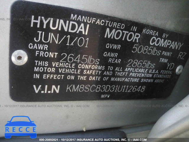 2001 Hyundai Santa Fe KM8SC83D31U112648 image 8