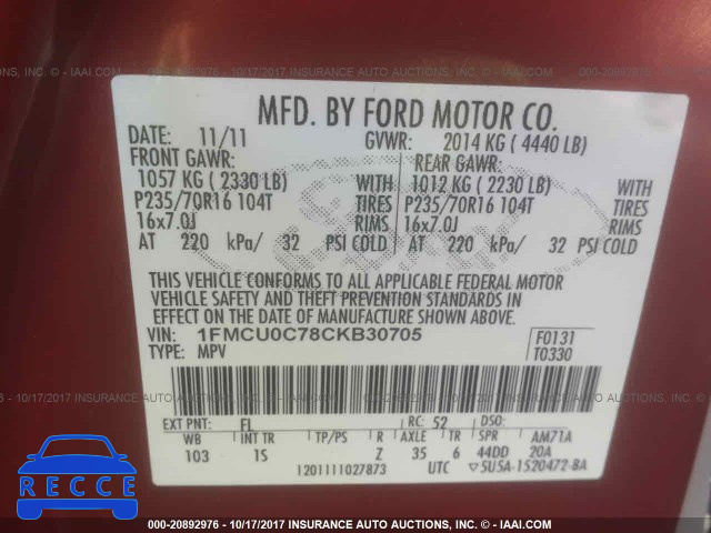 2012 Ford Escape XLS 1FMCU0C78CKB30705 image 8