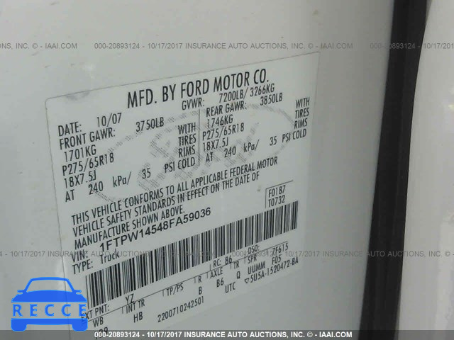2008 Ford F150 1FTPW14548FA59036 image 8