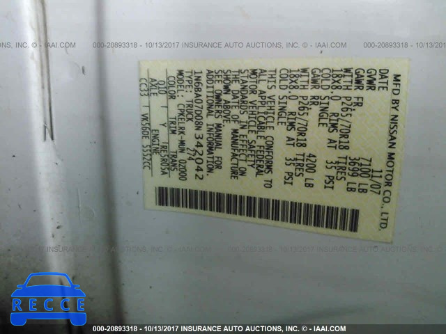 2008 Nissan Titan XE/SE/LE 1N6BA07D08N342042 image 8
