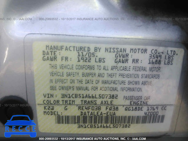 2006 Nissan Sentra 3N1CB51A66L507382 image 8