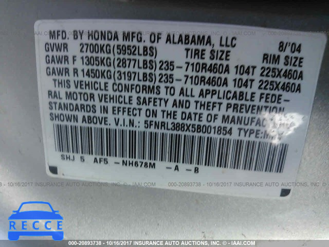 2005 Honda Odyssey 5FNRL388X5B001854 image 8