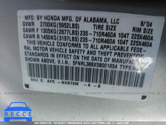 2005 Honda Odyssey 5FNRL388X5B001854 Bild 8