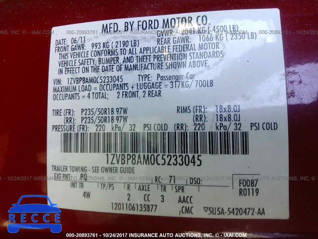 2012 Ford Mustang 1ZVBP8AM0C5233045 image 8
