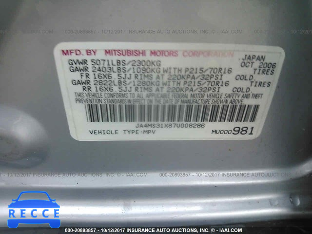 2007 Mitsubishi Outlander ES/LS JA4MS31X87U008286 image 8