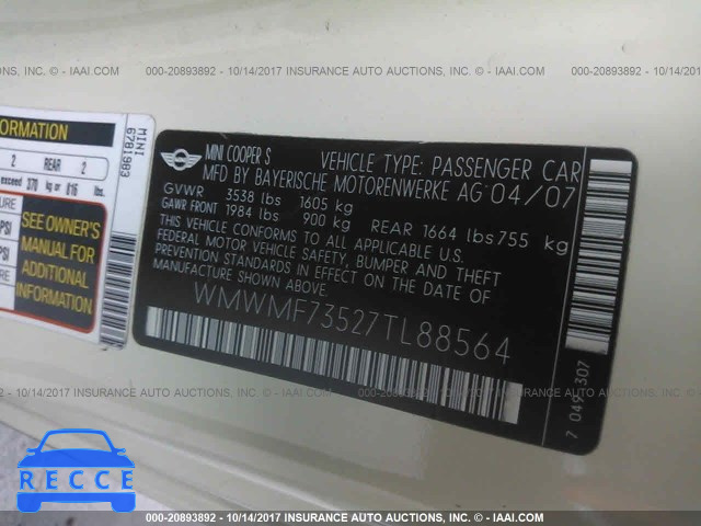 2007 Mini Cooper S WMWMF73527TL88564 image 8