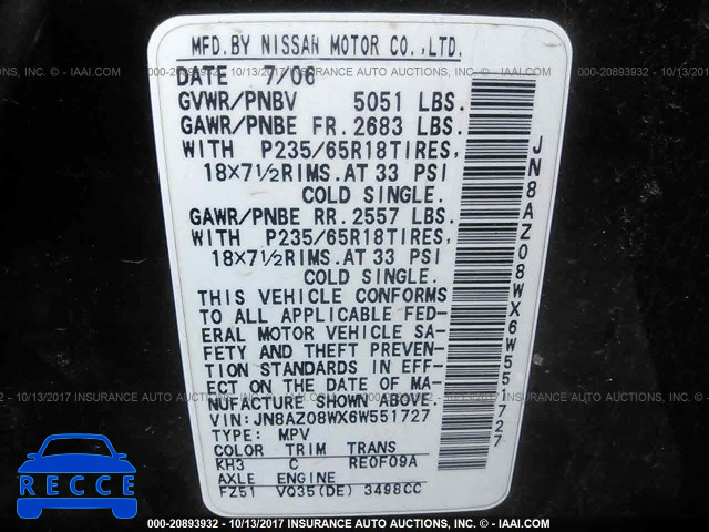 2006 Nissan Murano JN8AZ08WX6W551727 Bild 8