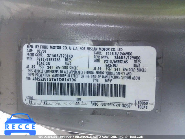 2001 Nissan Quest GXE 4N2ZN15T61D816106 image 8