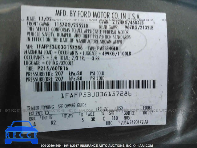 2003 Ford Taurus 1FAFP53U03G157286 image 8