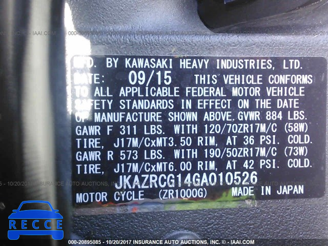 2016 Kawasaki ZR1000 G JKAZRCG14GA010526 зображення 9