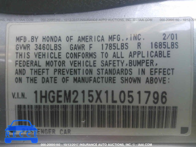 2001 Honda Civic LX 1HGEM215X1L051796 image 8