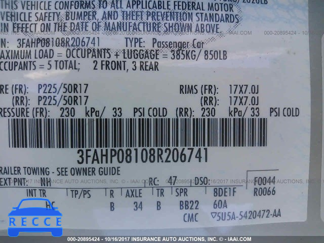 2008 FORD FUSION 3FAHP08108R206741 image 8