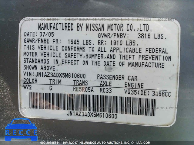2005 Nissan 350Z COUPE JN1AZ34DX5M610600 image 8