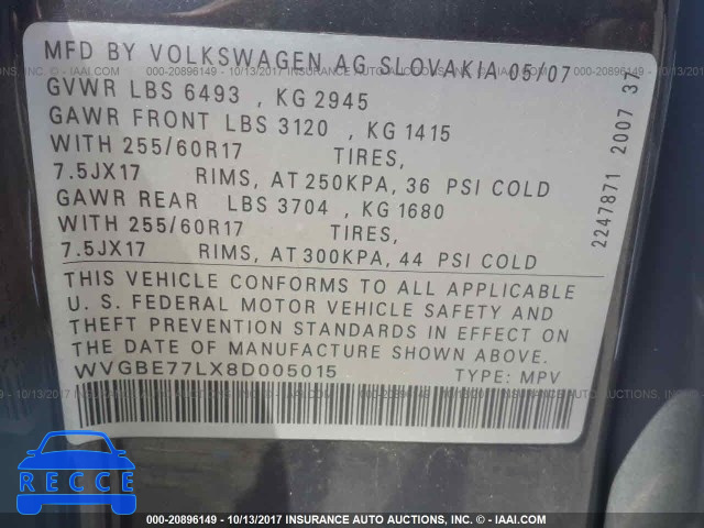 2008 Volkswagen Touareg 2 WVGBE77LX8D005015 зображення 8