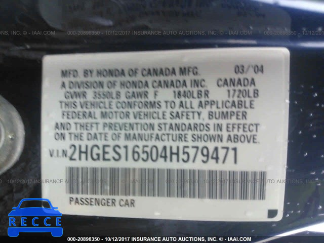 2004 Honda Civic 2HGES16504H579471 image 8