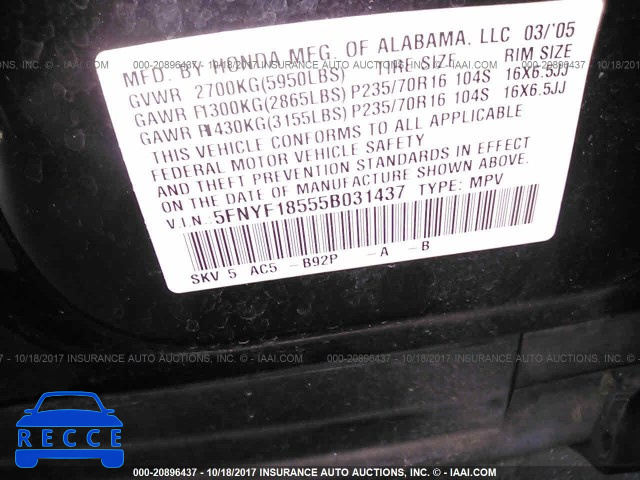 2005 Honda Pilot 5FNYF18555B031437 image 8