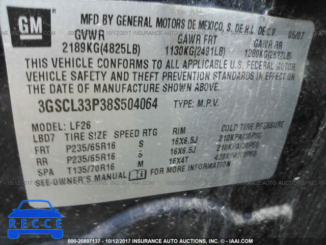 2008 Saturn VUE 3GSCL33P38S504064 image 8