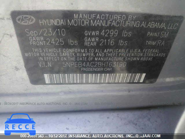 2011 Hyundai Sonata 5NPEB4AC2BH163190 зображення 8