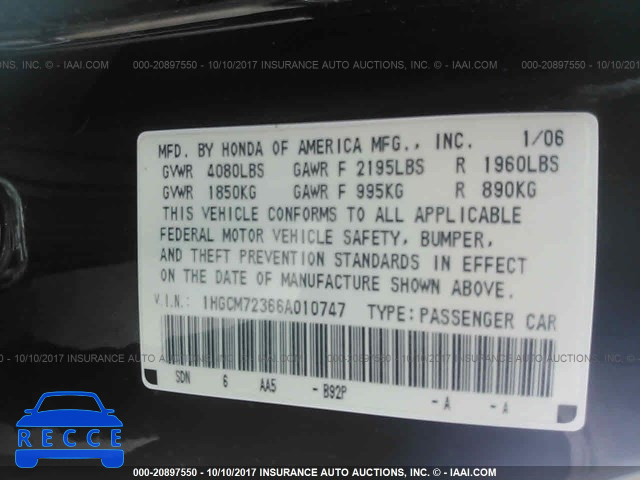 2006 Honda Accord 1HGCM72366A010747 image 8