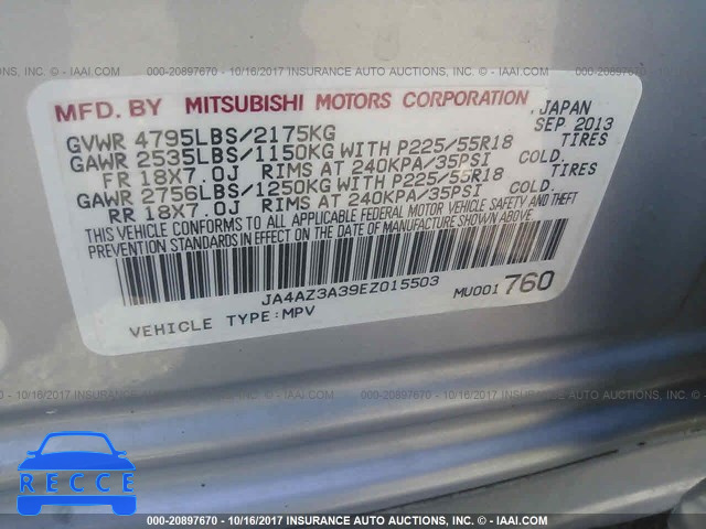 2014 Mitsubishi Outlander SE JA4AZ3A39EZ015503 зображення 8