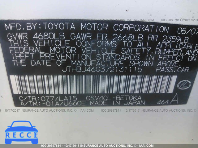 2007 Lexus ES JTHBJ46G372131115 image 8