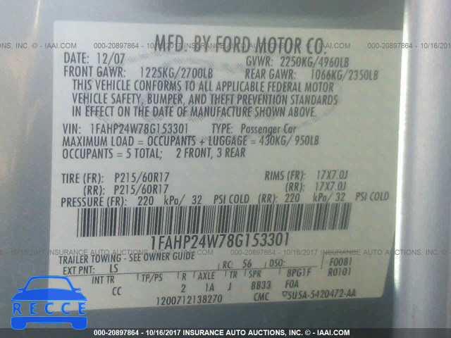 2008 Ford Taurus SEL 1FAHP24W78G153301 image 8