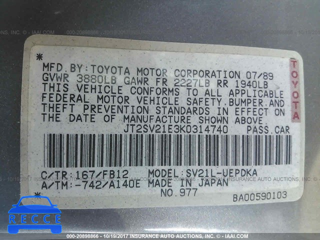 1989 Toyota Camry DLX JT2SV21E3K0314740 image 8