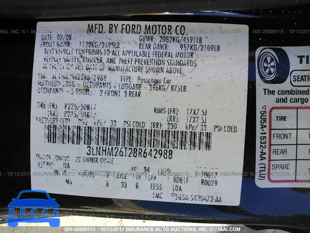 2008 Lincoln MKZ 3LNHM26T28R642988 Bild 8
