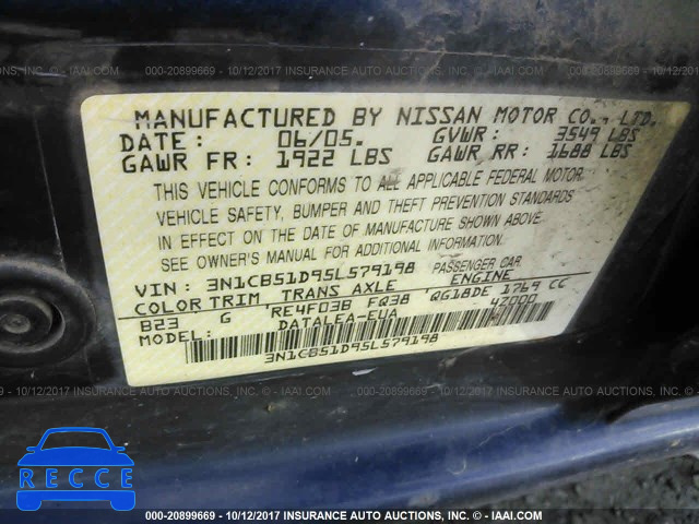 2005 Nissan Sentra 3N1CB51D95L579198 image 8