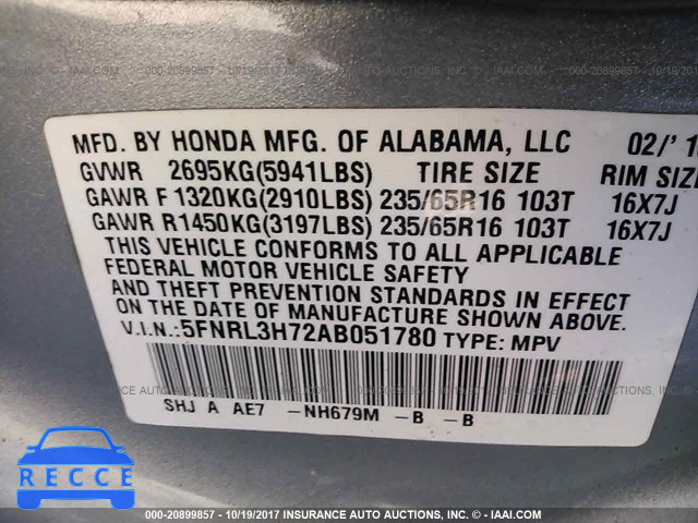 2010 Honda Odyssey EXL 5FNRL3H72AB051780 image 8