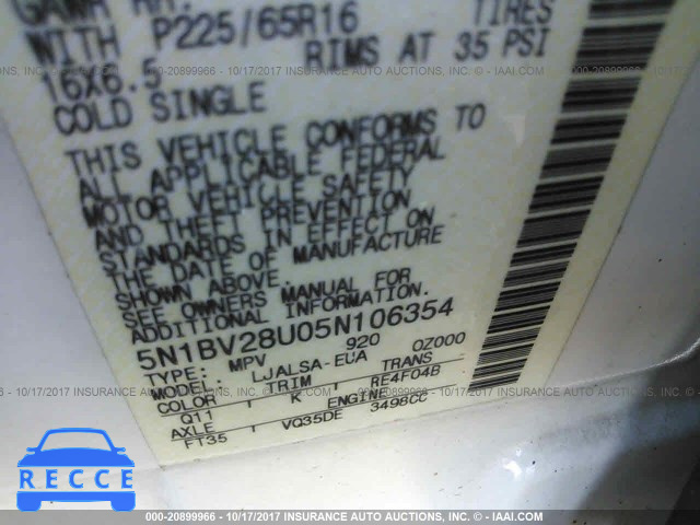 2005 Nissan Quest S/SE/SL 5N1BV28U05N106354 зображення 8
