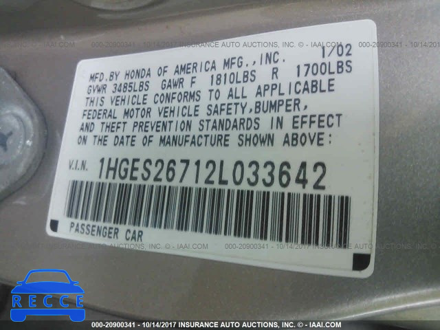 2002 Honda Civic 1HGES26712L033642 image 8
